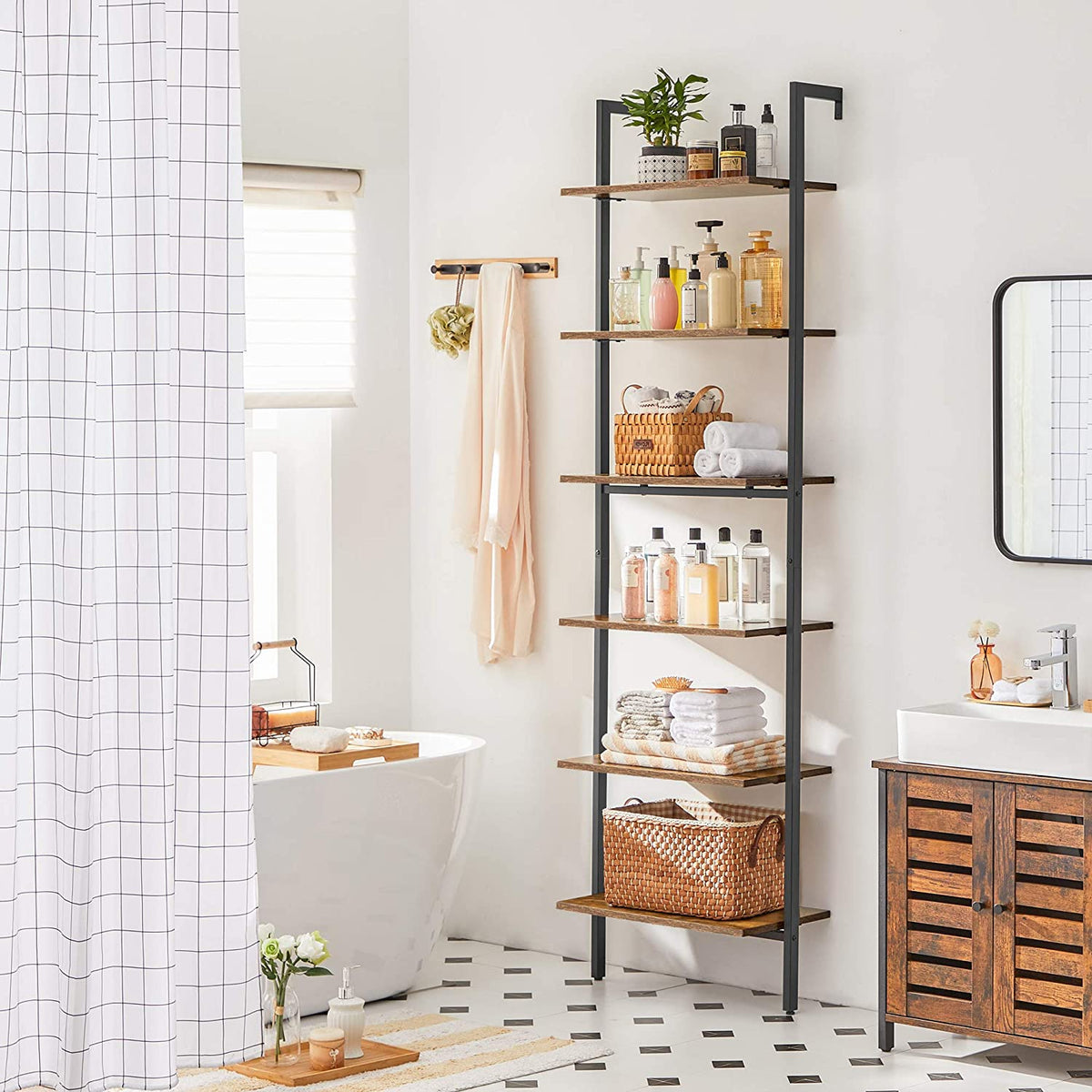 Ladderrek met 6 Planken – Industriële Boekenkast tegen de Muur – Stalen Frame – 60 x 30 x 205 cm