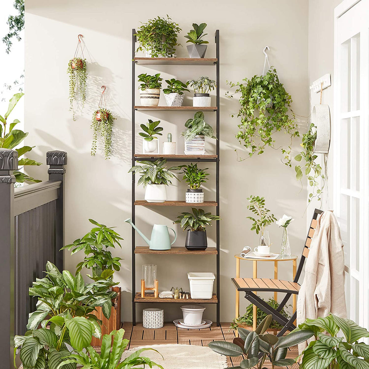 Ladderrek met 6 Planken – Industriële Boekenkast tegen de Muur – Stalen Frame – 60 x 30 x 205 cm