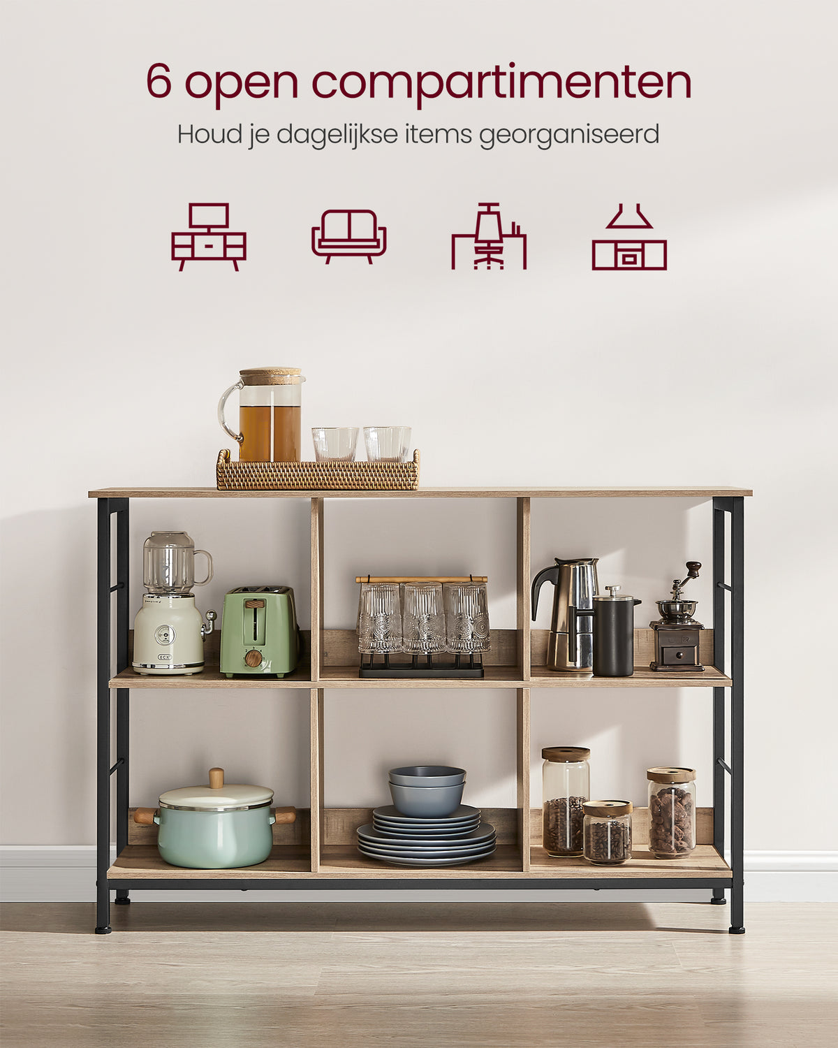 Lage Boekenkast met 6 Open Vakken – Industrieel – Stalen Frame & Verstelbare Voetjes – 120 x 33 x 80 cm