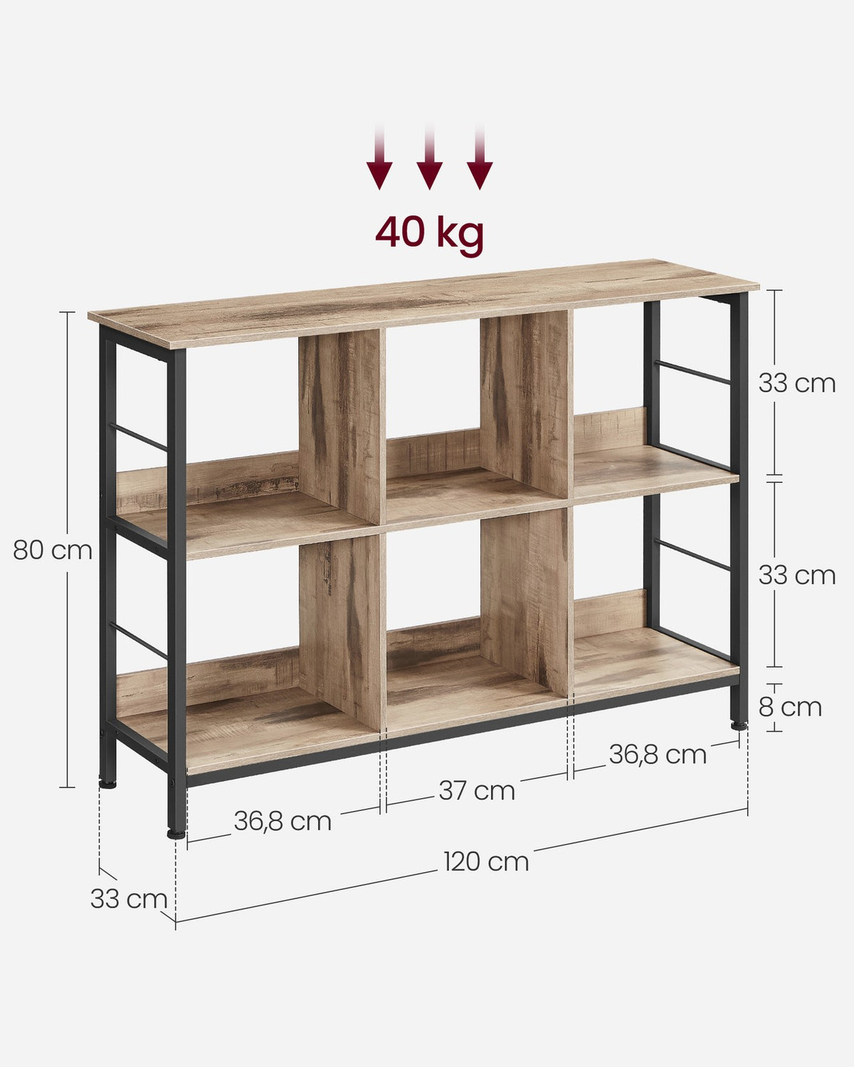 Lage Boekenkast met 6 Open Vakken – Industrieel – Stalen Frame & Verstelbare Voetjes – 120 x 33 x 80 cm