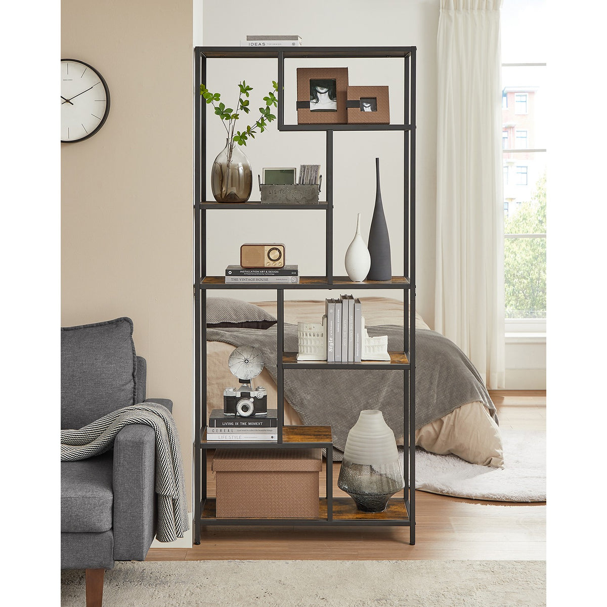 Industriële Boekenkast met Asymmetrische Open Vakken – Stalen Frame – 80 x 30 x 180 cm