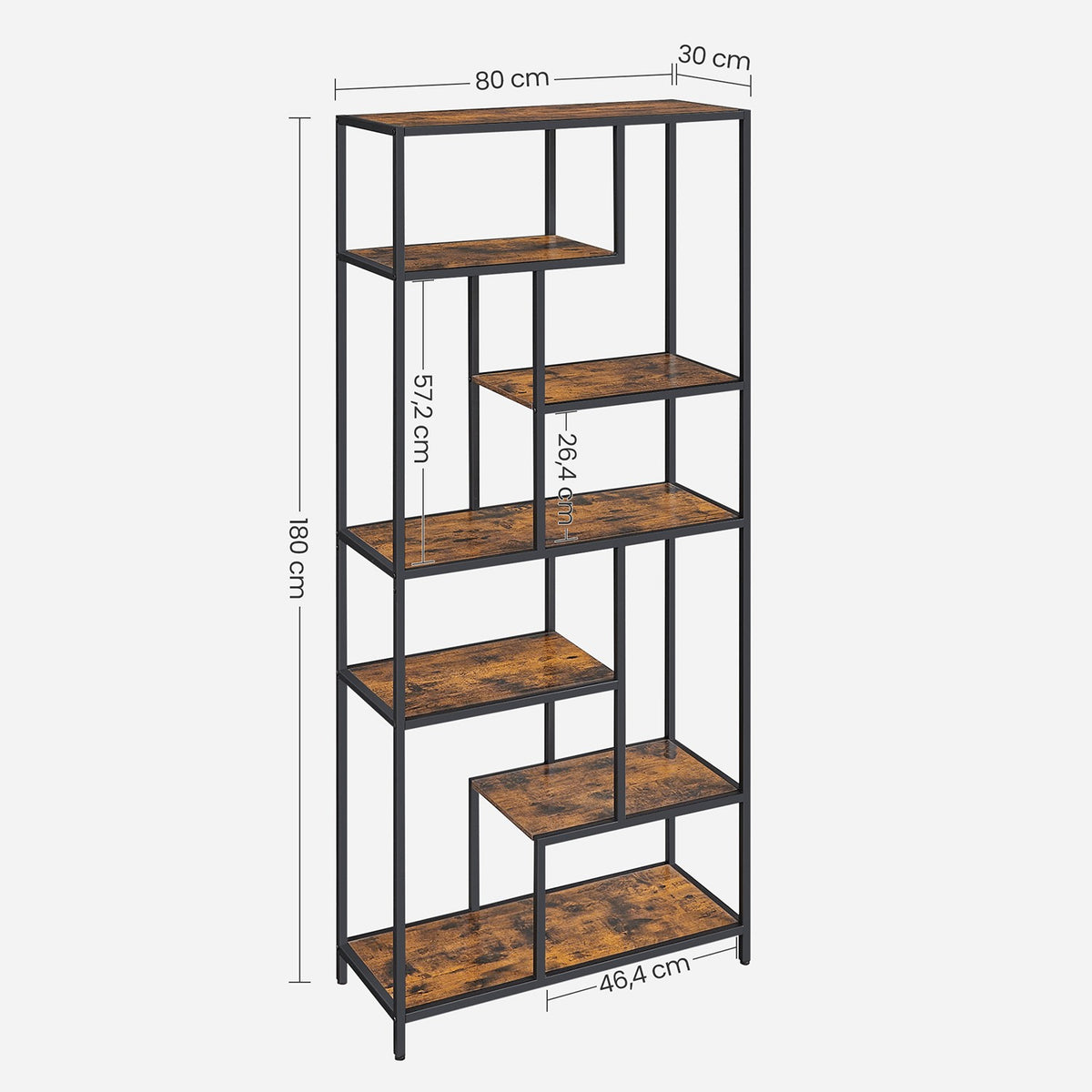 Industriële Boekenkast met Asymmetrische Open Vakken – Stalen Frame – 80 x 30 x 180 cm
