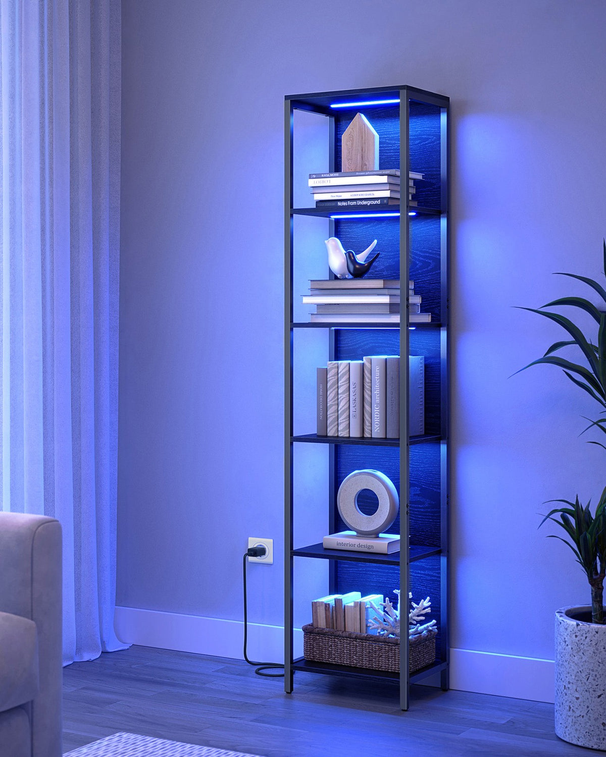 Smalle Boekenkast met LED-Verlichting – 6 Niveaus – 25 Lichtkleuren – Zwart – 40 x 30,3 x 178,6 cm