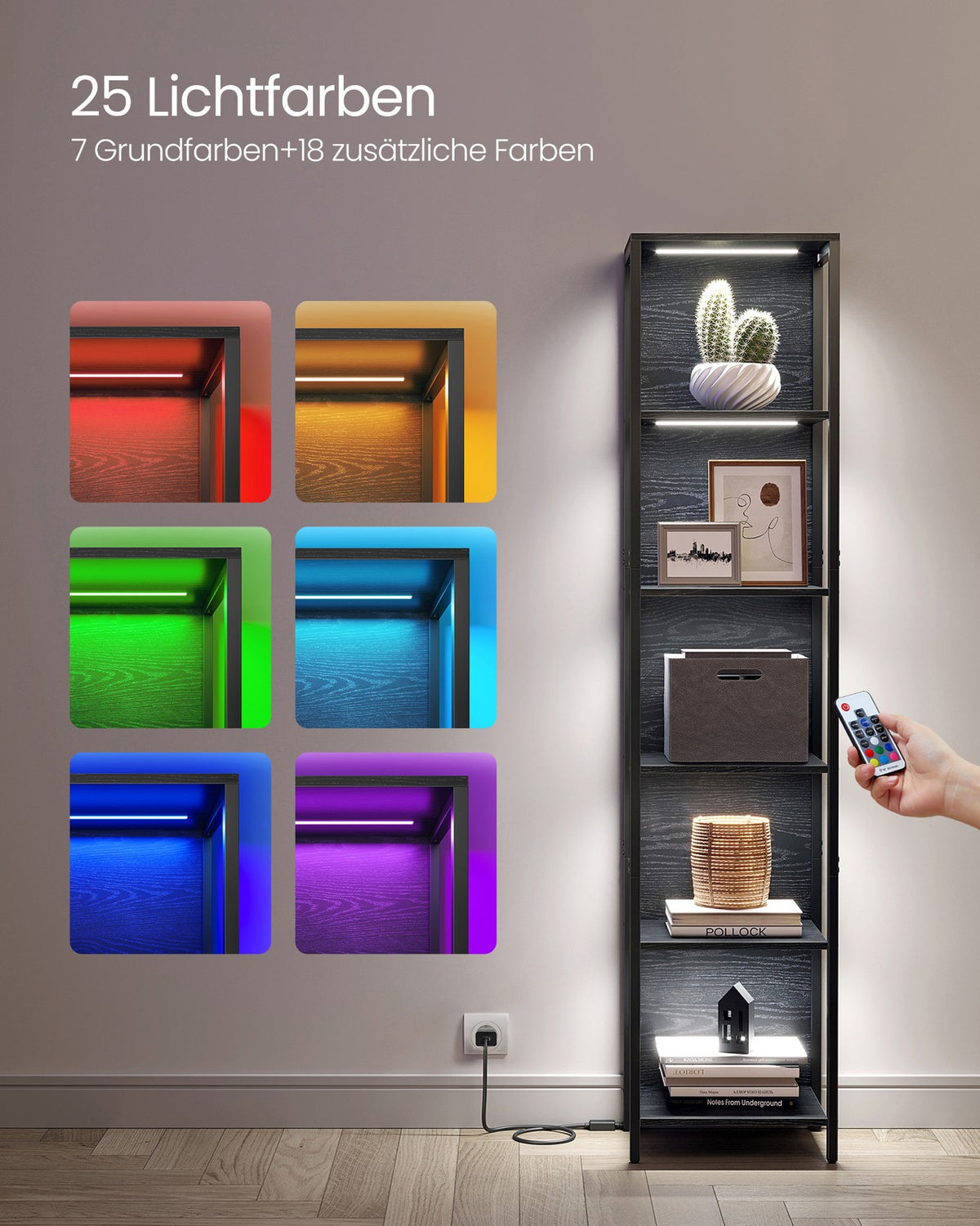 Smalle Boekenkast met LED-Verlichting – 6 Niveaus – 25 Lichtkleuren – Zwart – 40 x 30,3 x 178,6 cm