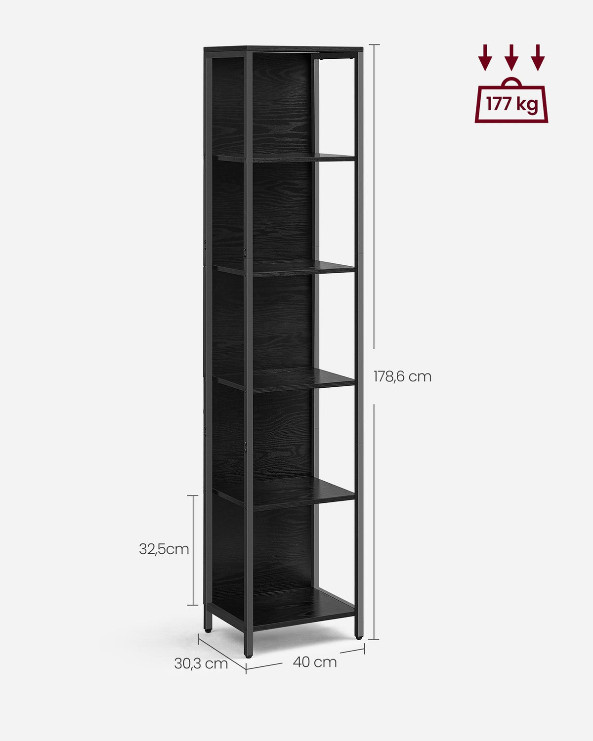 Smalle Boekenkast met LED-Verlichting – 6 Niveaus – 25 Lichtkleuren – Zwart – 40 x 30,3 x 178,6 cm