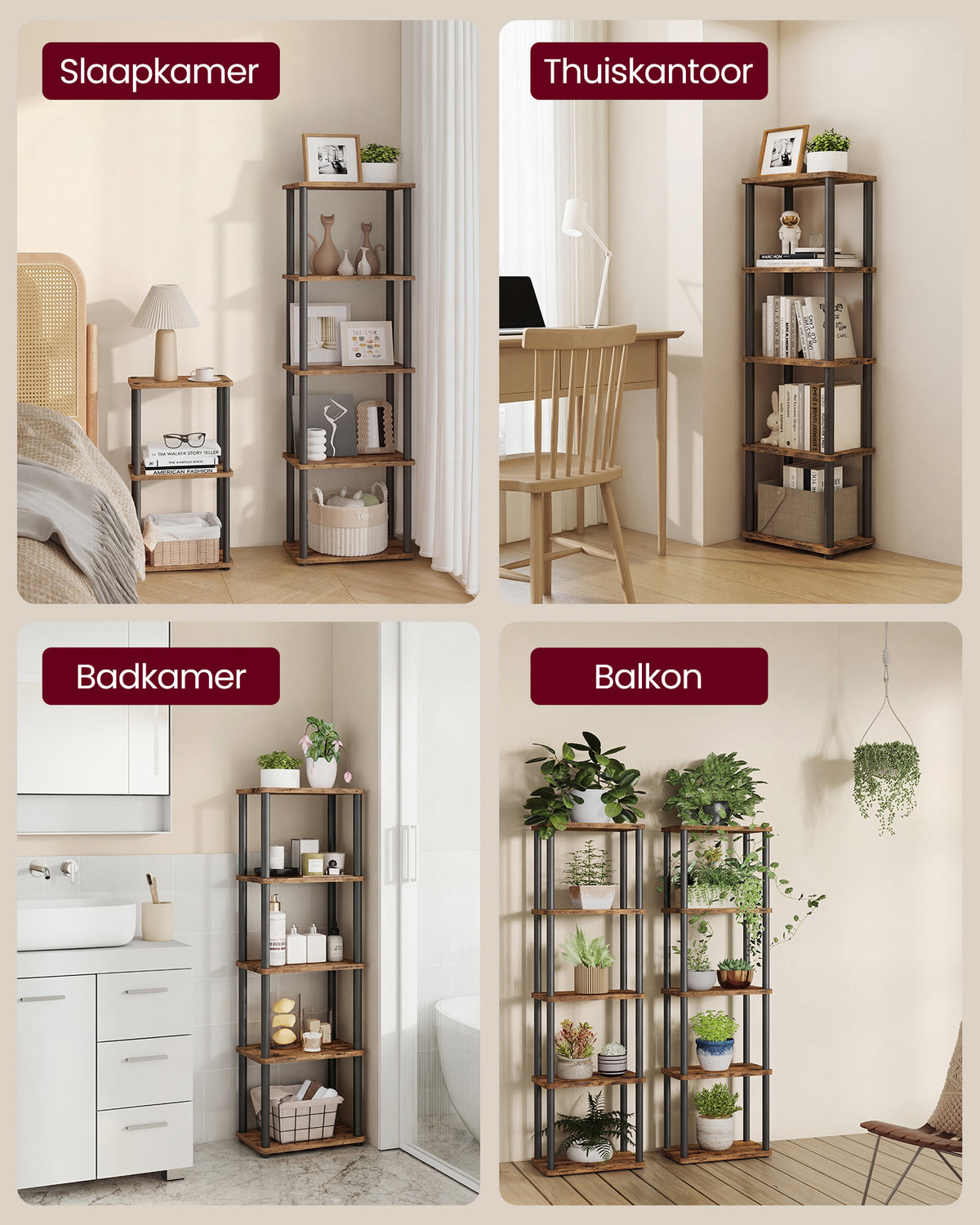 Industriële Boekenkast met Gereedschapsloze Montage – Stalen Buizen – 5 of 6 Niveaus