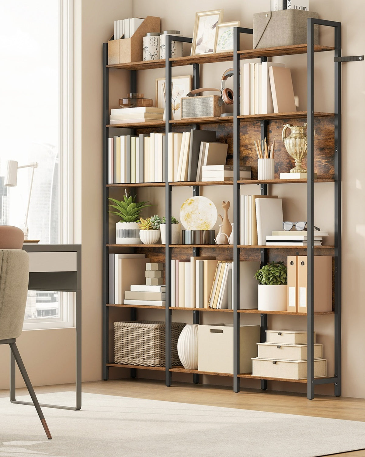 Brede Boekenkast met 6 Niveaus en 3 Kolommen – Flexibele Achterwanden – Industrieel – 128 cm