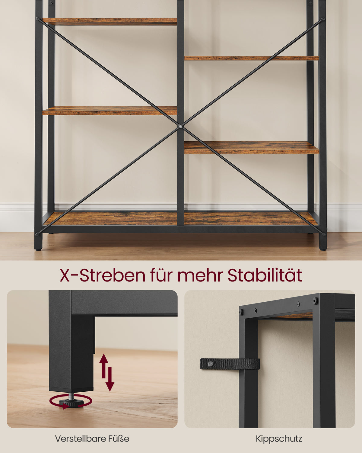 Brede Industriële Boekenkast – Open Vakken in Verschillende Hoogtes – Stalen Frame – 100 x 30 x 170 cm