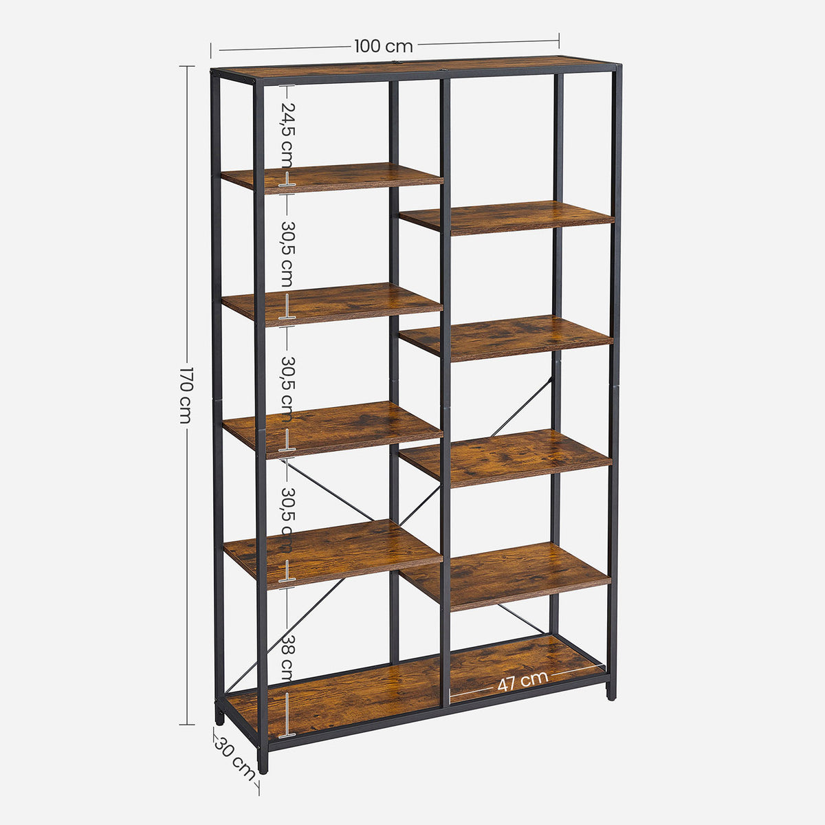 Brede Industriële Boekenkast – Open Vakken in Verschillende Hoogtes – Stalen Frame – 100 x 30 x 170 cm