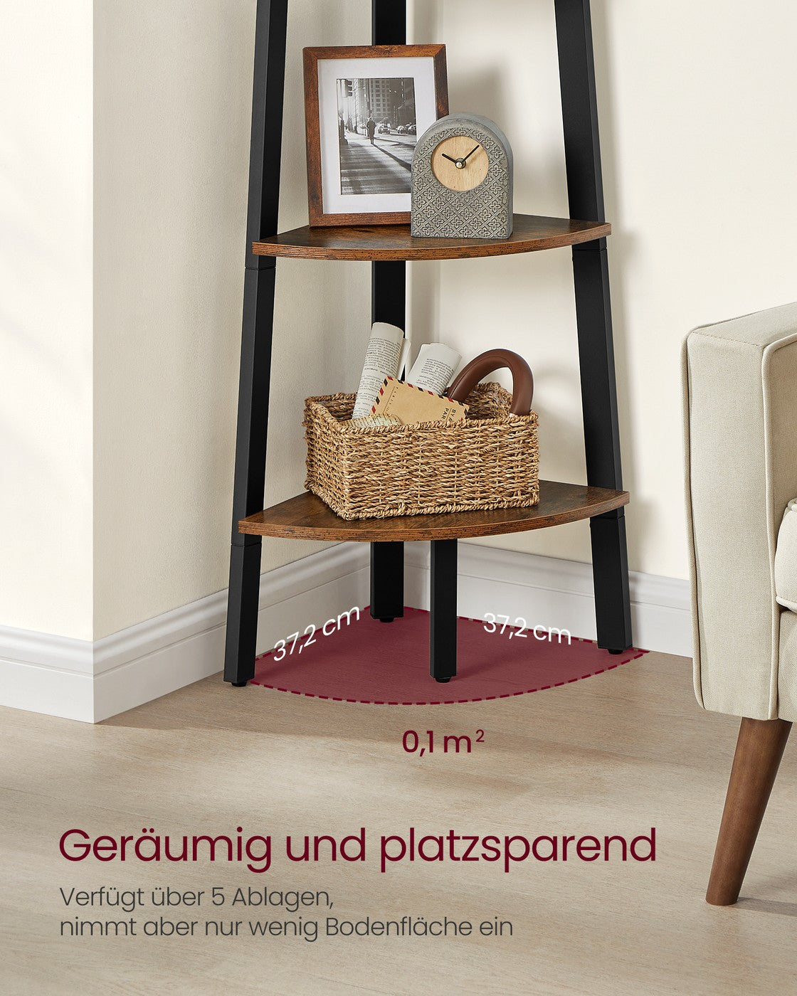 Hoekrek met 5 Planken – Staand Hoekregaal – Industriële Stijl – Vintage Bruin/Zwart – 159 cm Hoog