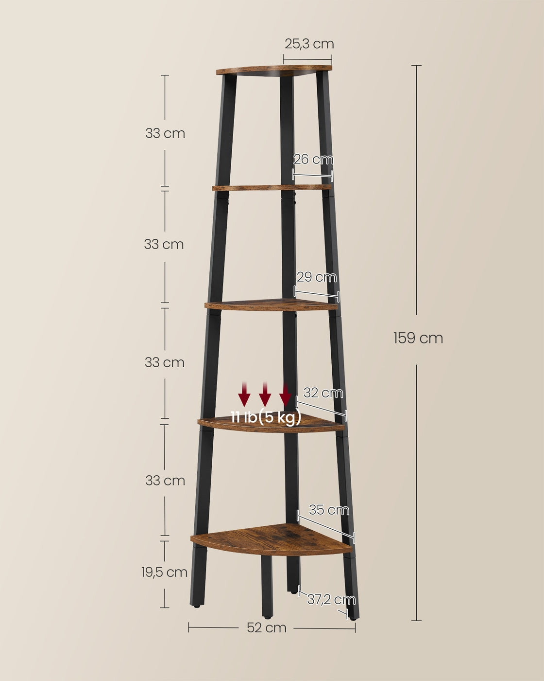 Hoekrek met 5 Planken – Staand Hoekregaal – Industriële Stijl – Vintage Bruin/Zwart – 159 cm Hoog
