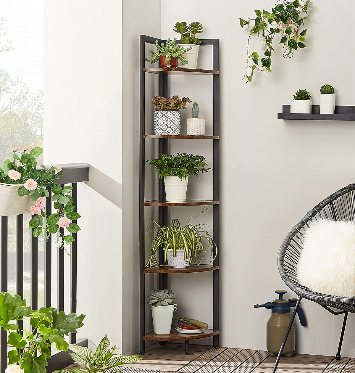 Smal Hoekrek met 5 Planken – Industrieel Staand Hoekregaal – Stalen Frame – 30 x 30 x 150 cm