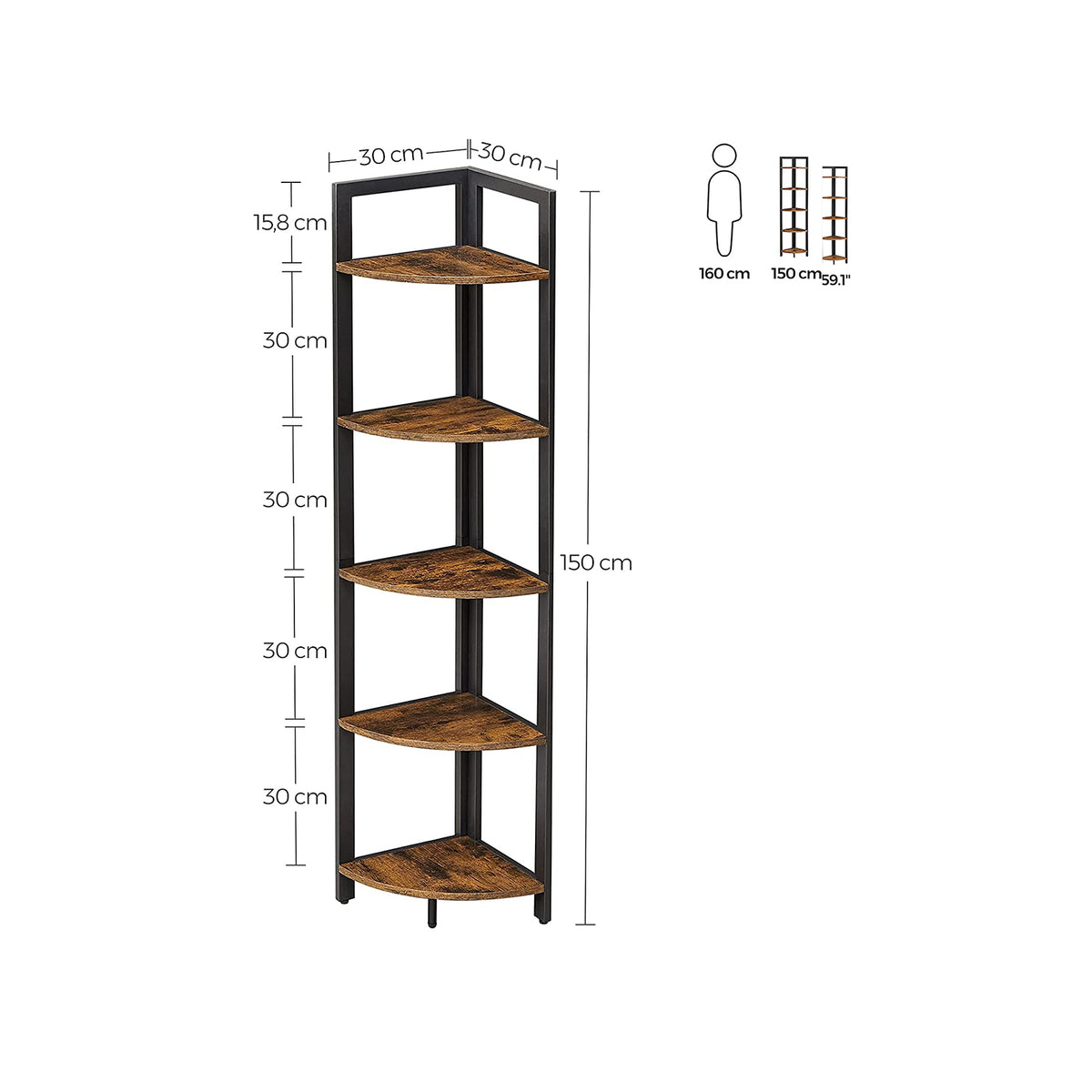 Smal Hoekrek met 5 Planken – Industrieel Staand Hoekregaal – Stalen Frame – 30 x 30 x 150 cm