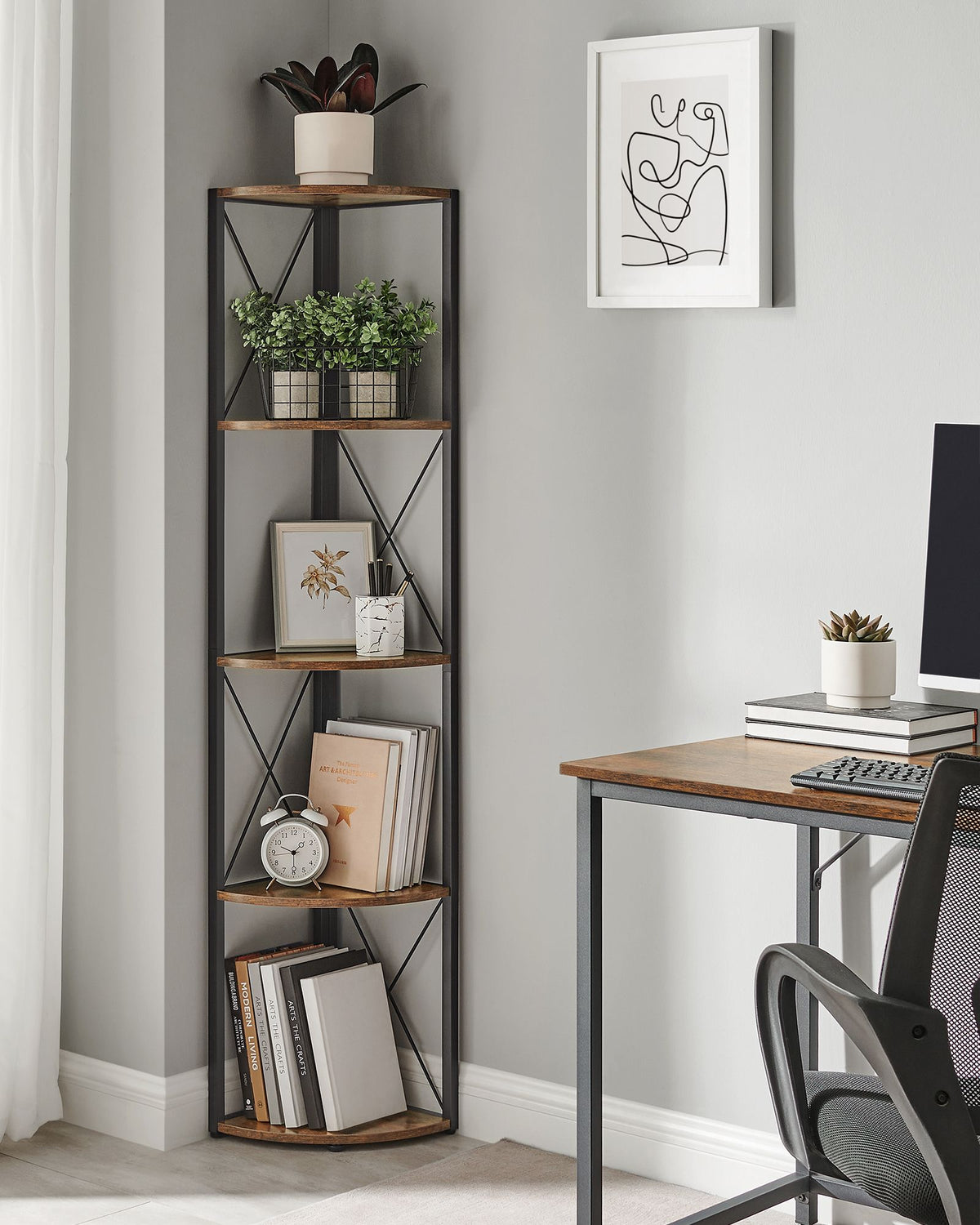 Hoekrek met 5 Planken – Staand Hoekregaal met X-Frame – Industrieel Design – 160 cm Hoog