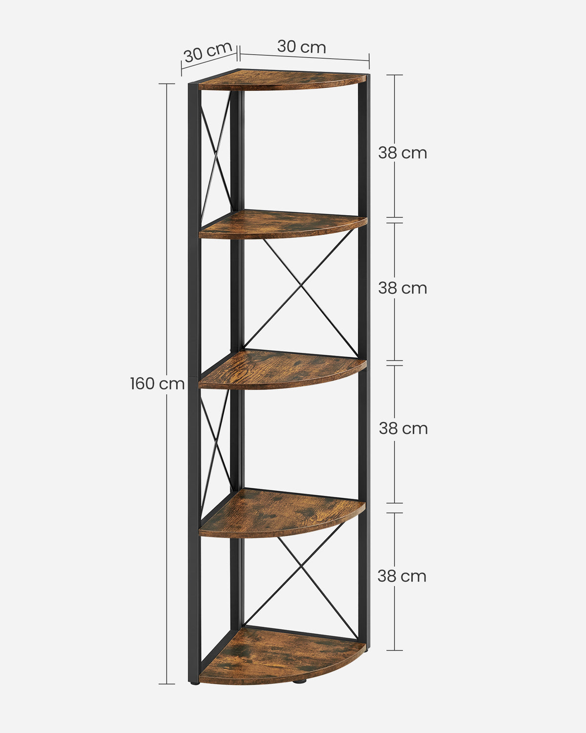 Hoekrek met 5 Planken – Staand Hoekregaal met X-Frame – Industrieel Design – 160 cm Hoog