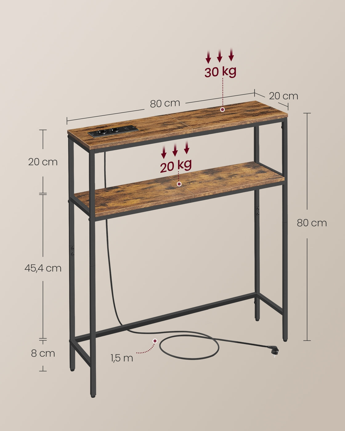 Smalle Wandtafel met Stopcontacten en USB – 2 Planken – Industrieel Design – 20 cm Diep