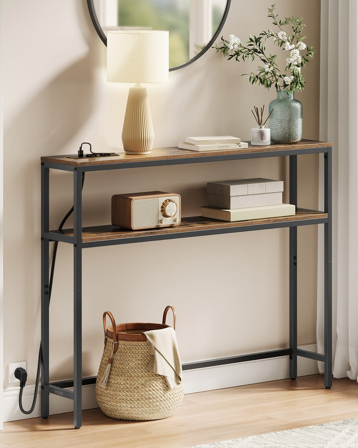 Smalle Wandtafel met Stopcontacten en USB – 2 Planken – Industrieel Design – 20 cm Diep