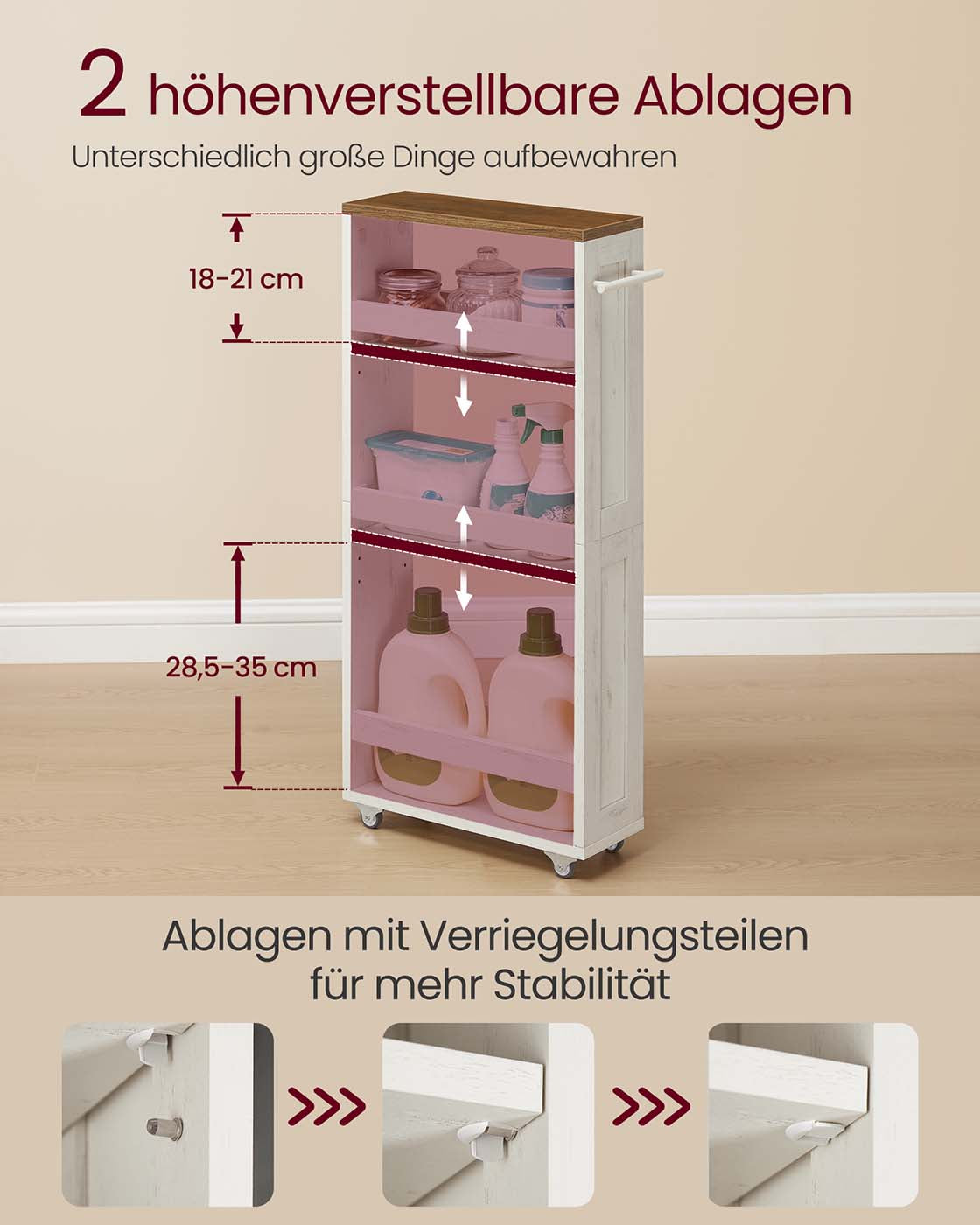 Smal Nisrek op Wieltjes – 4 Niveaus met Handgreep – Verstelbare Planken – Vintagewit – 15 cm