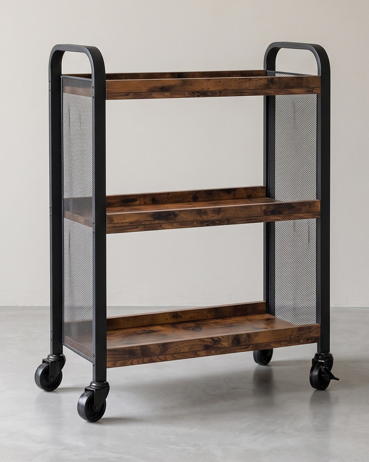Serveerwagen met 3 Planken – Smalle Keukentrolley op Wieltjes – Zijkanten van Gaas – 66 x 26 x 85 cm