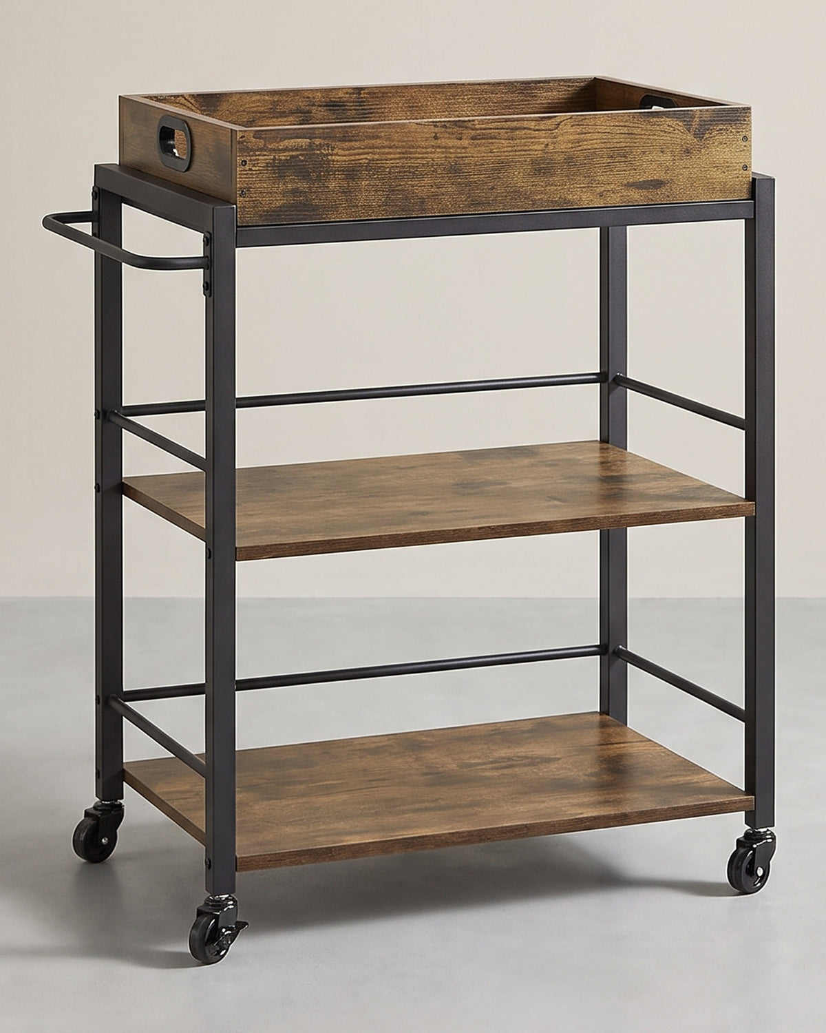 Serveerwagen met Dienblad – Keukentrolley op Wieltjes – 2 Planken – Industrieel – 65 x 40 x 86 cm