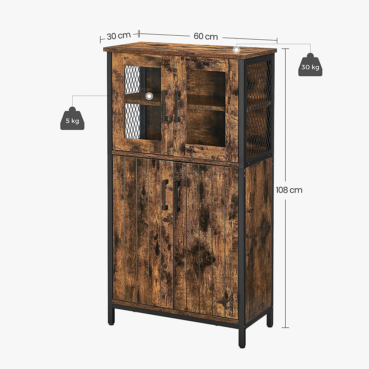 Opbergkast met Glazen Deuren – Stalen Frame – Verstelbare Plank – Industrieel – 60 x 30 x 108 cm