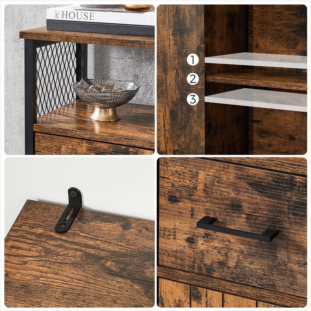 Opbergkast met Lade, 2 Deuren en Open Vak – Stalen Frame – Industrieel – 60 x 30 x 108 cm