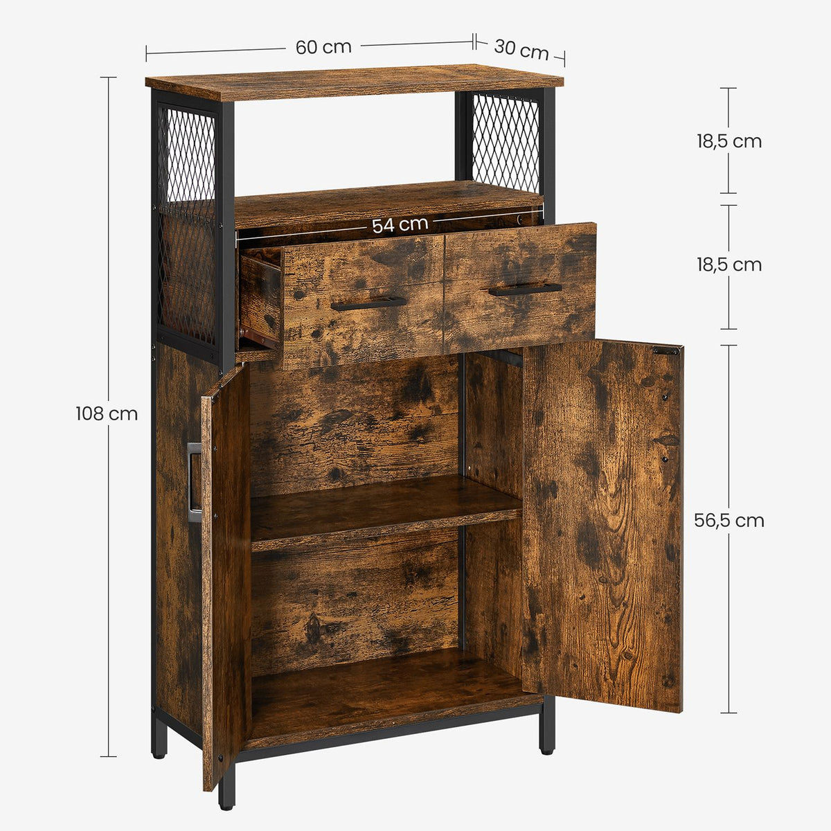 Opbergkast met Lade, 2 Deuren en Open Vak – Stalen Frame – Industrieel – 60 x 30 x 108 cm