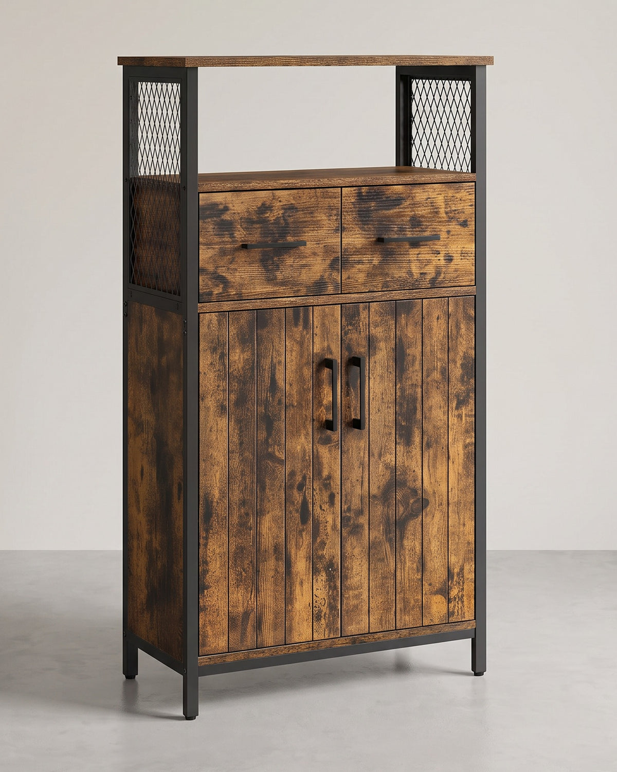 Opbergkast met Lade, 2 Deuren en Open Vak – Stalen Frame – Industrieel – 60 x 30 x 108 cm