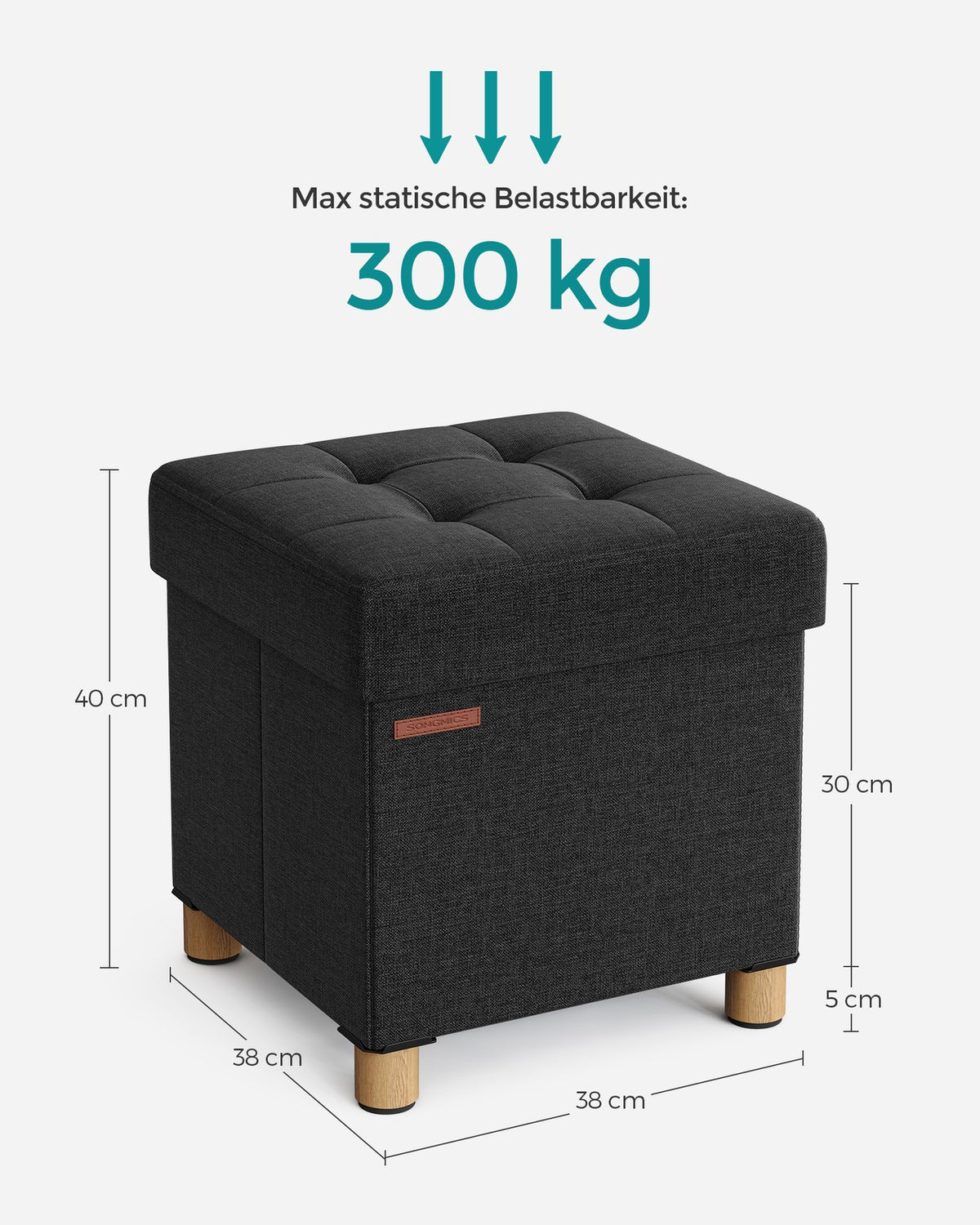 Opbergpoef met Houten Pootjes – Opvouwbaar – 37 L Opbergruimte – Tot 300 kg – 38 x 38 x 40 cm