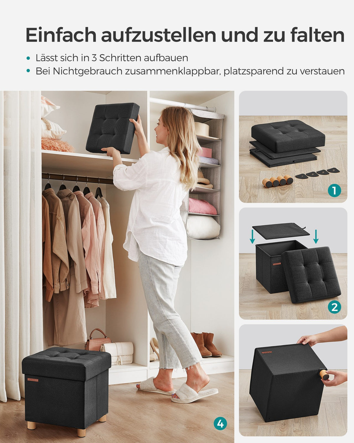 Opbergpoef met Houten Pootjes – Opvouwbaar – 37 L Opbergruimte – Tot 300 kg – 38 x 38 x 40 cm
