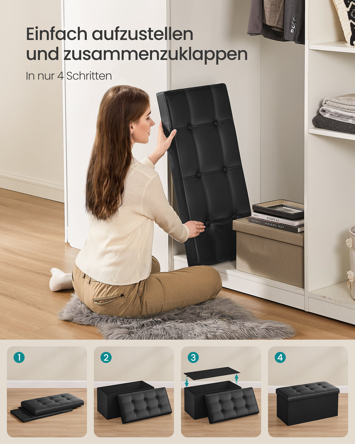 Opvouwbare Opbergbank van Kunstleer – Hocker met Gecapitonneerd Deksel – Ook als Voetenbank – 76 cm