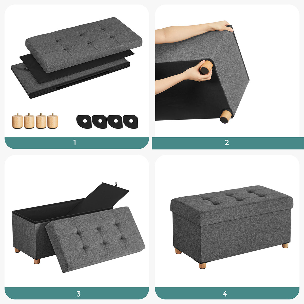 Opbergbank met Houten Pootjes – Opvouwbare Hocker in Linnenlook – Tot 300 kg – 76 of 110 cm
