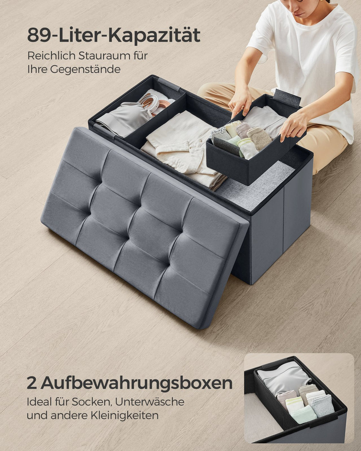 Opvouwbare Opbergbank & Hocker van Fluweel – Gecapitonneerd Deksel – 4 Maten van 32 tot 131 L