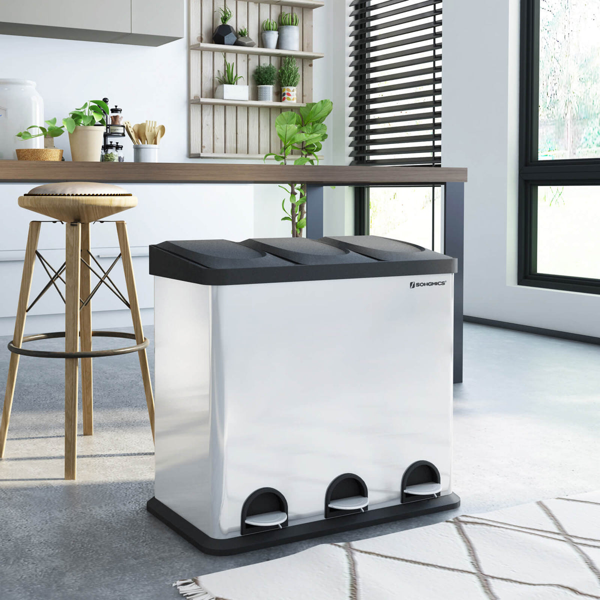 Afvalscheider met 3 Vakken – Pedaalemmer 54 Liter (3 x 18 L) – Uitneembare Binnenemmers – Voor Keuken