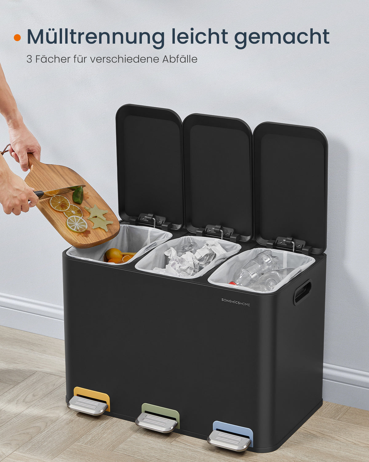 Prullenbak met 3 Vakken 3 x 15 L – Afvalscheiding met Gekleurde Pedalen – Softclose – Stalen Deksels