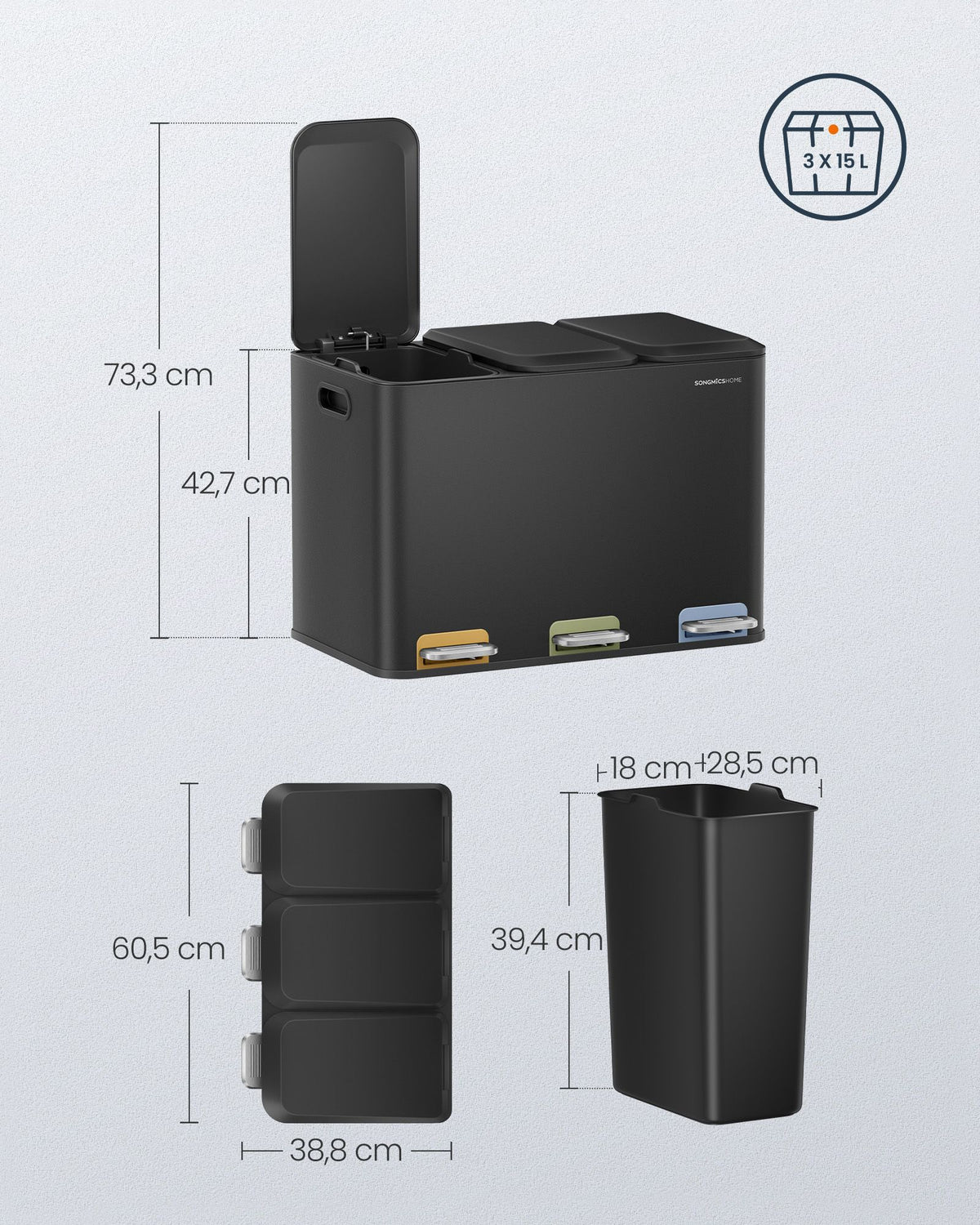 Prullenbak met 3 Vakken 3 x 15 L – Afvalscheiding met Gekleurde Pedalen – Softclose – Stalen Deksels