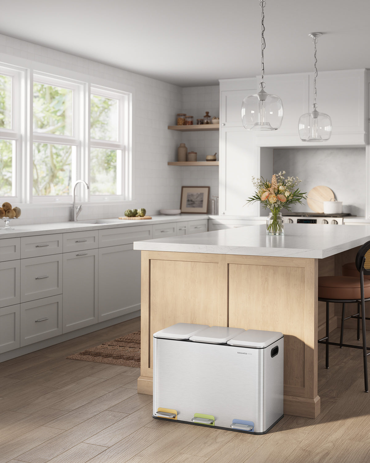 Prullenbak met 3 Vakken 3 x 15 L – Afvalscheiding met Gekleurde Pedalen – Softclose – Stalen Deksels