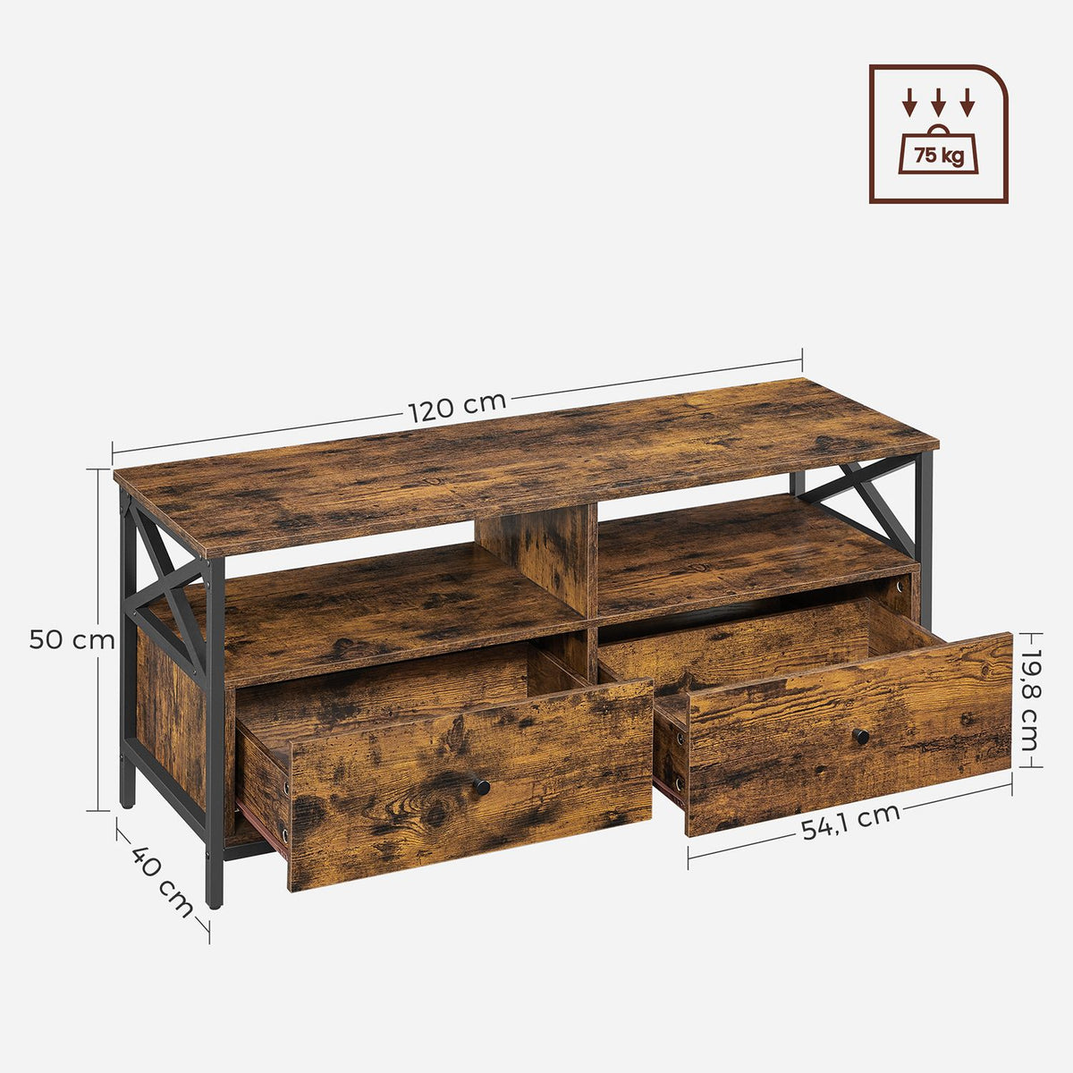 TV Meubel - Industrieel met X-Frame - Open Vakken en Lades - 120, 147 of 178 cm Breed