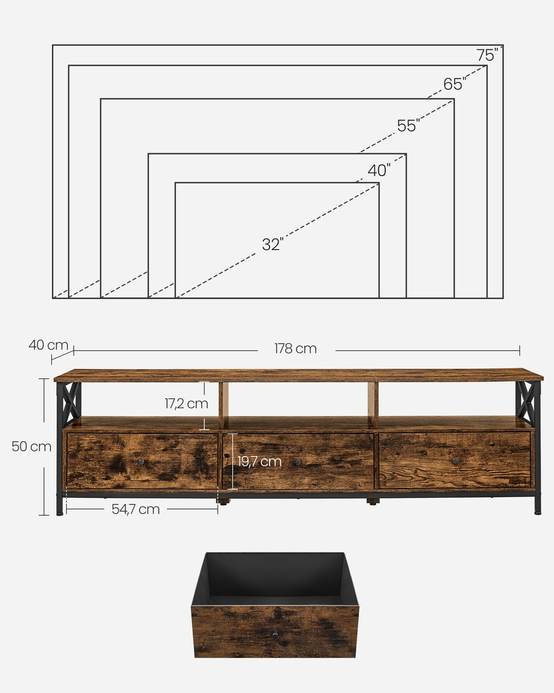 TV Meubel - Industrieel met X-Frame - Open Vakken en Lades - 120, 147 of 178 cm Breed