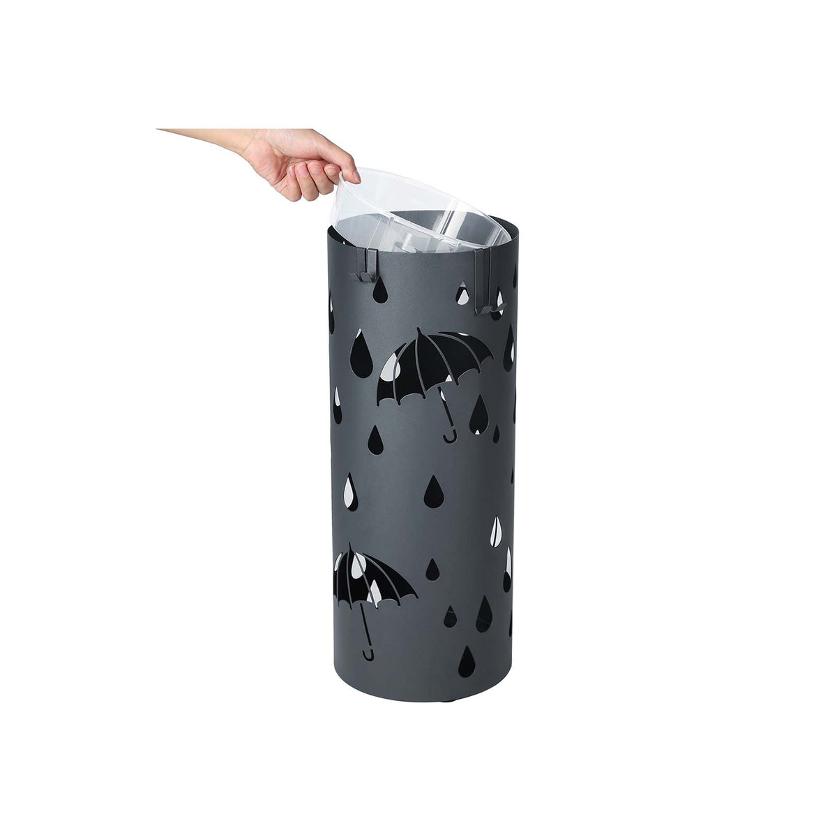 Ronde Paraplubak met Druppelmotief – Lekbak & 4 Haken – Metaal – Antraciet – Ø 19,5 x 49 cm