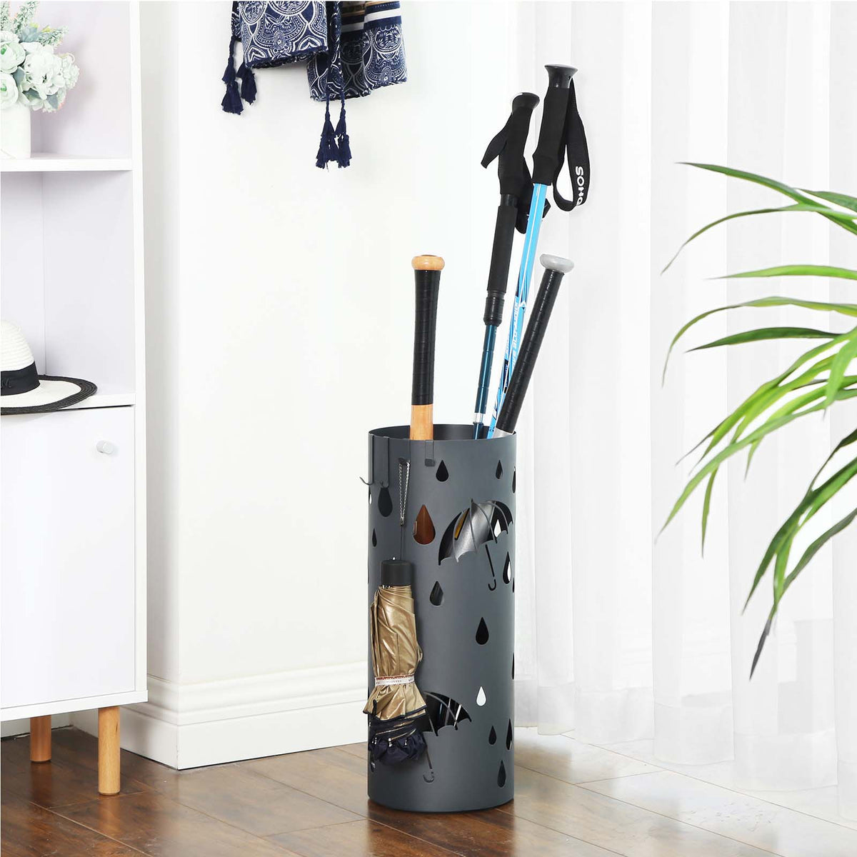 Ronde Paraplubak met Druppelmotief – Lekbak & 4 Haken – Metaal – Antraciet – Ø 19,5 x 49 cm