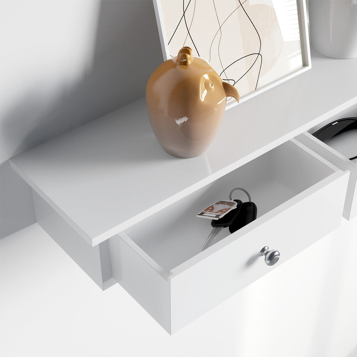 Zwevende Wandplank met 3 Lades – Wit – Wandrek voor Hal, Keuken of Slaapkamer – 80 cm – Tot 15 kg