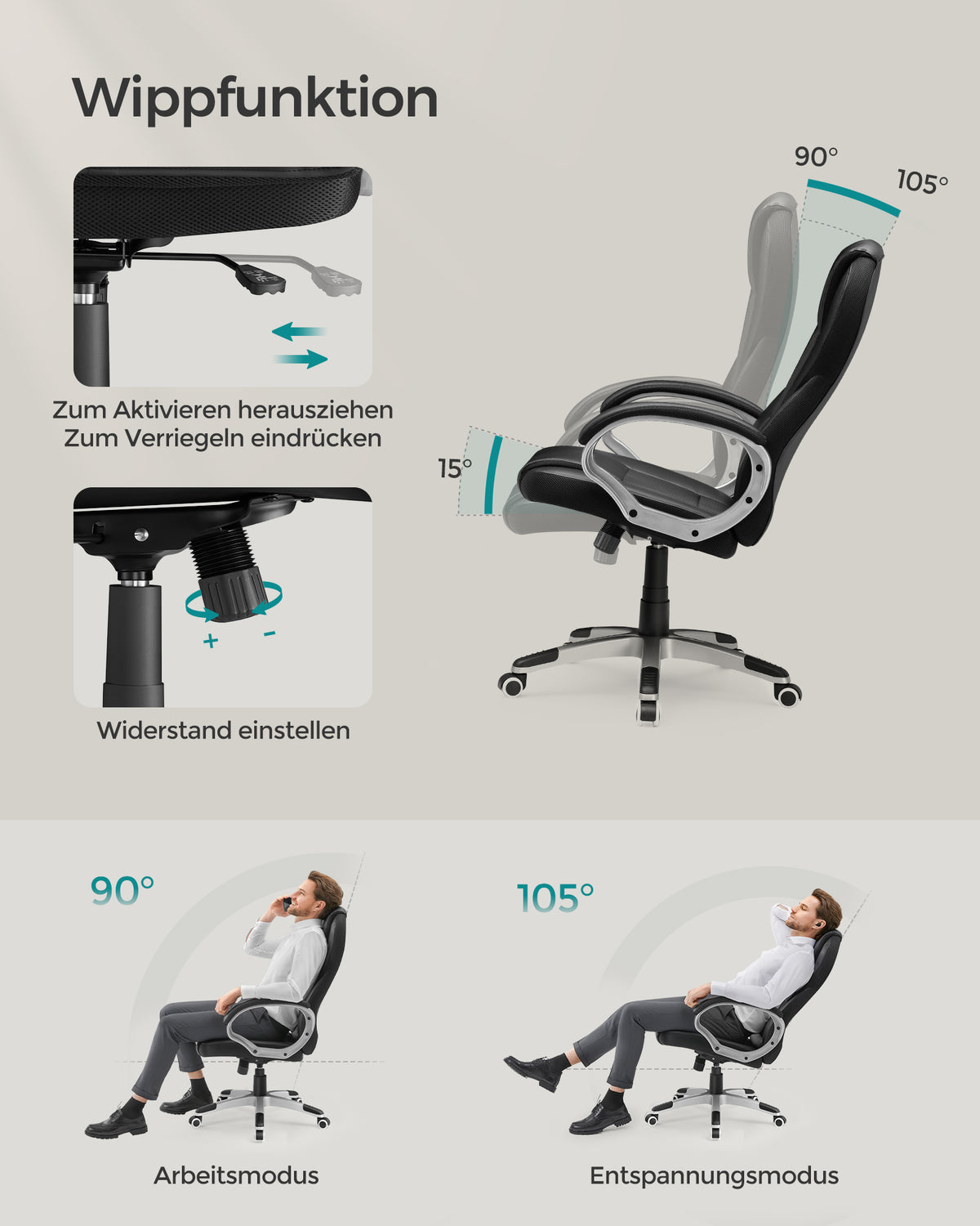Bureaustoel met Hoge Rugleuning – Directiestoel van Kunstleer – Wipfunctie – Zithoogte 44-54 cm