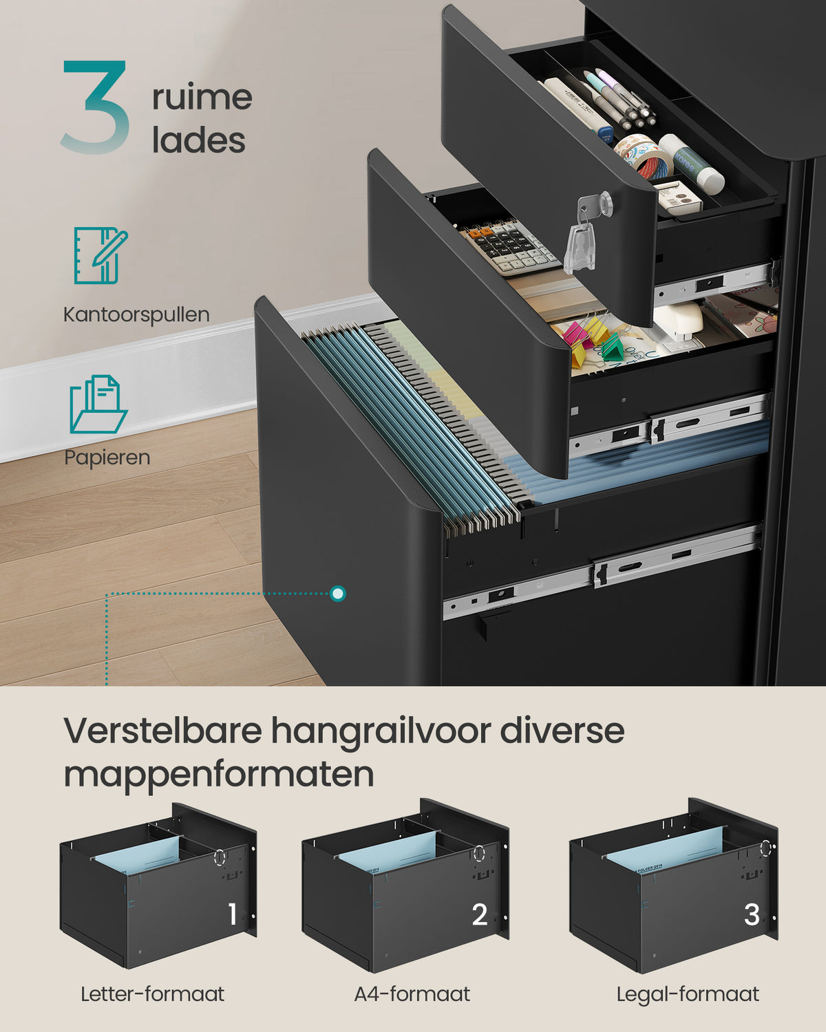 Archiefkast met 3 Laden - Ladeblok - Kast met Wieltjes