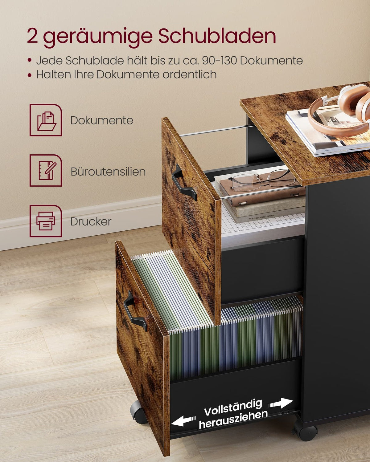 Ladeblok op Wieltjes met 2 Hangmappenlades – Industrieel – Vintage Bruin/Zwart – 42 x 40 x 70 cm