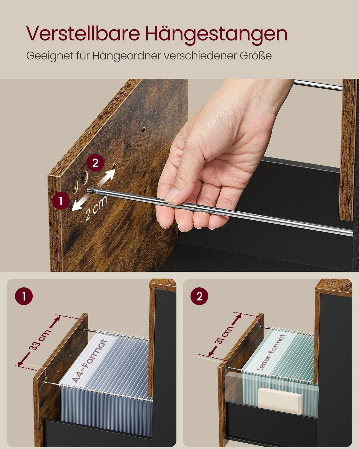 Ladeblok op Wieltjes met 2 Hangmappenlades – Industrieel – Vintage Bruin/Zwart – 42 x 40 x 70 cm