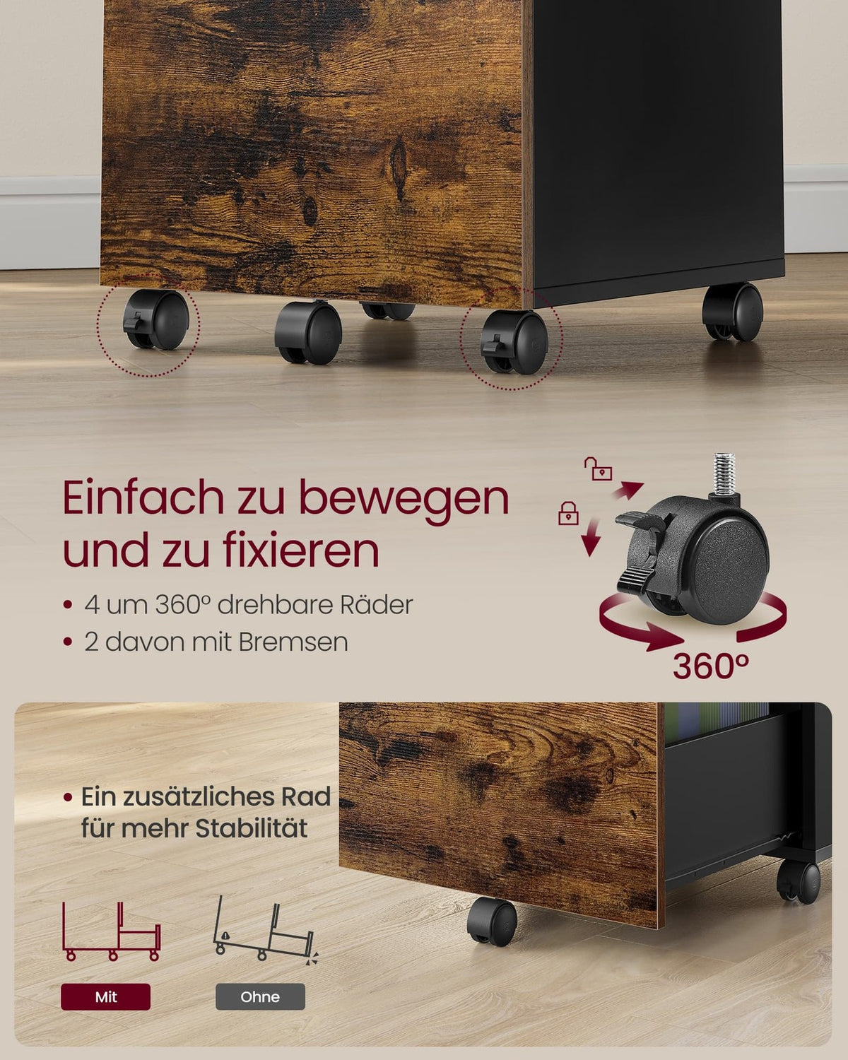 Ladeblok op Wieltjes met 2 Hangmappenlades – Industrieel – Vintage Bruin/Zwart – 42 x 40 x 70 cm