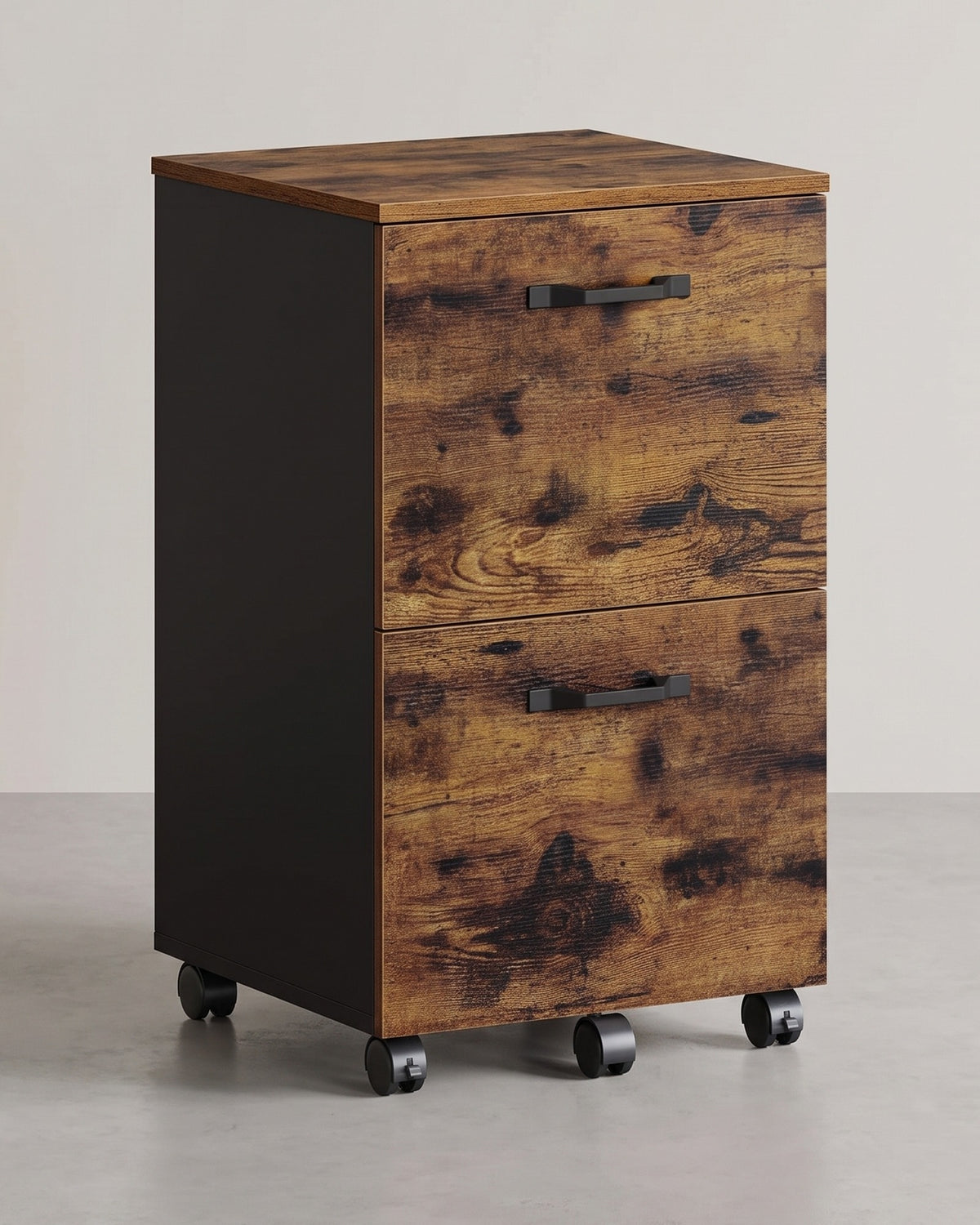 Ladeblok op Wieltjes met 2 Hangmappenlades – Industrieel – Vintage Bruin/Zwart – 42 x 40 x 70 cm