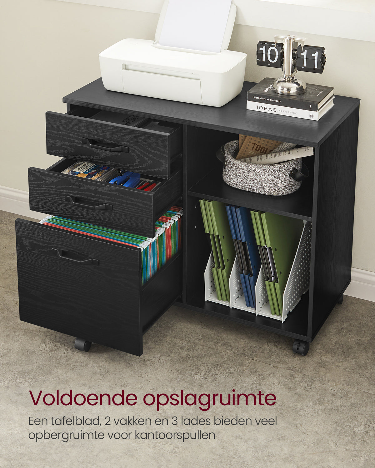 Verrijdbare Archiefkast met 3 Lades & 2 Open Vakken – Hangmappenlade – Verstelbare Plank – 80 cm
