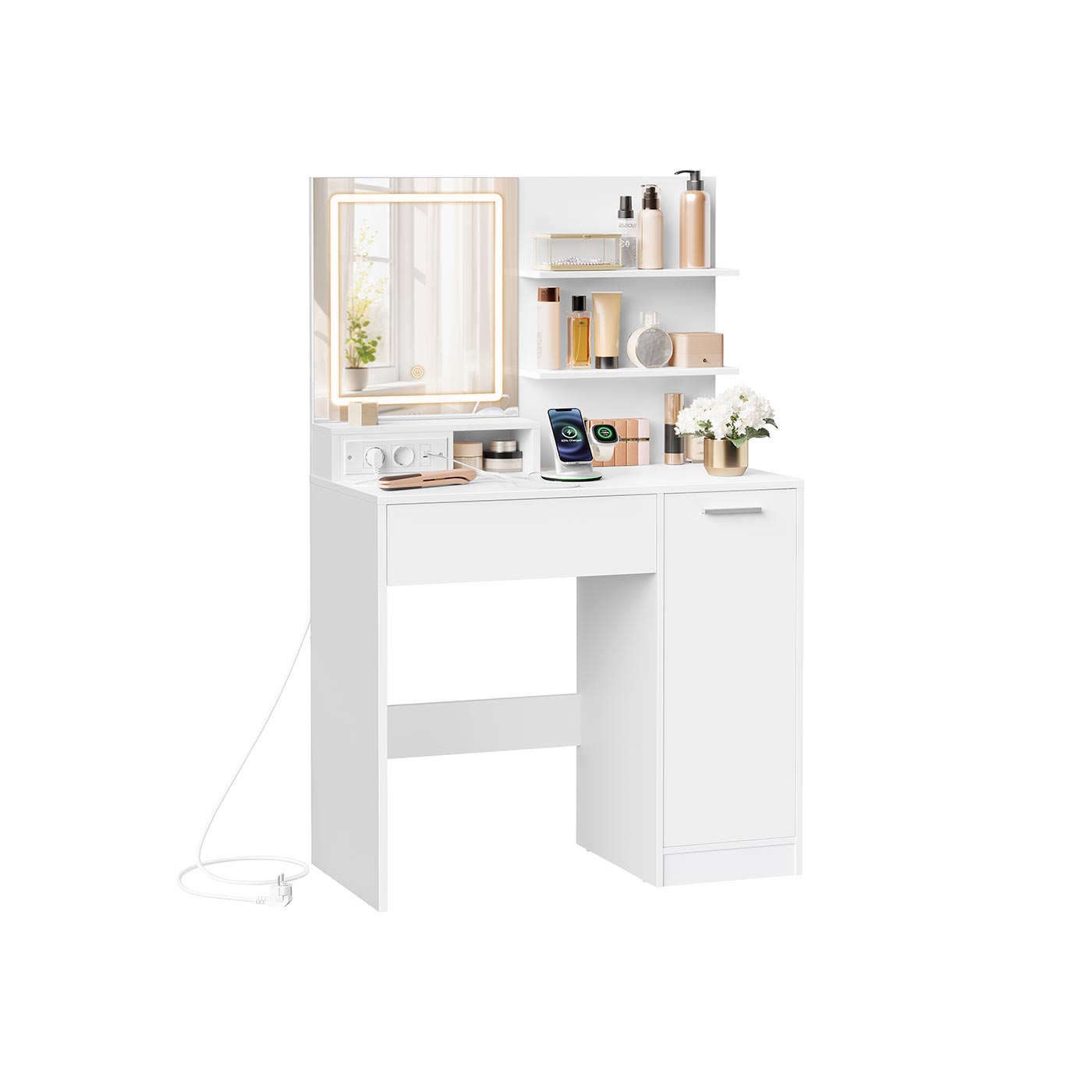 Kaptafel met 2 kastjes en LED's bewerkt hout wit